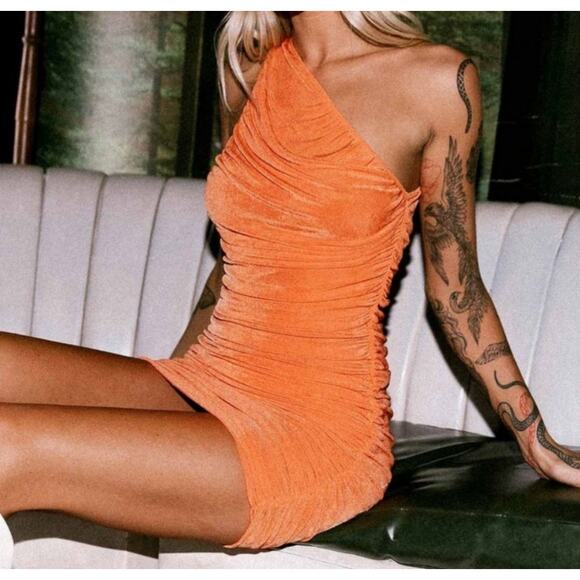 Lioness The Goddess Orange Ruched One Shoulder Bodycon Mini Dress Small Party - Picture 1 of 9